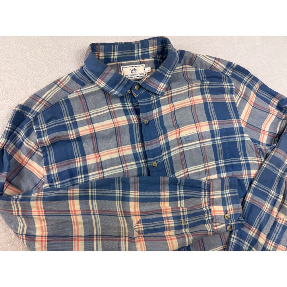 Southern Tide Mens Plaid Button Down Shirt Blue Orange Skipjack Logo Large